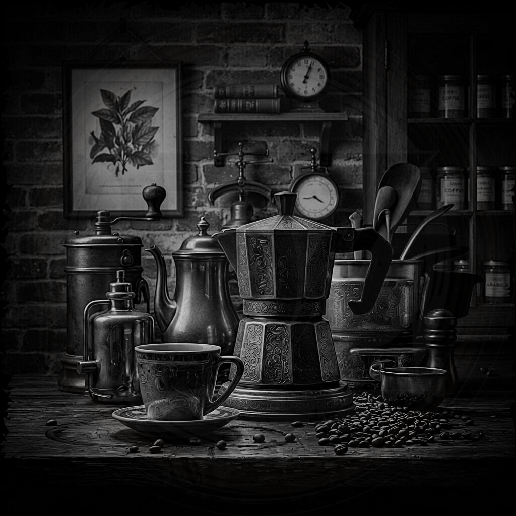 Vintage coffee maker and cup on a wooden table with a rustic background