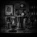 Vintage coffee maker and cup on a wooden table with a rustic background