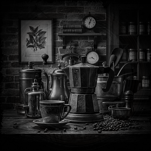 Vintage coffee maker and cup on a wooden table with a rustic background