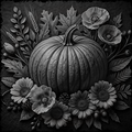 Black and white illustration of a pumpkin surrounded by flowers and leaves on a dark background