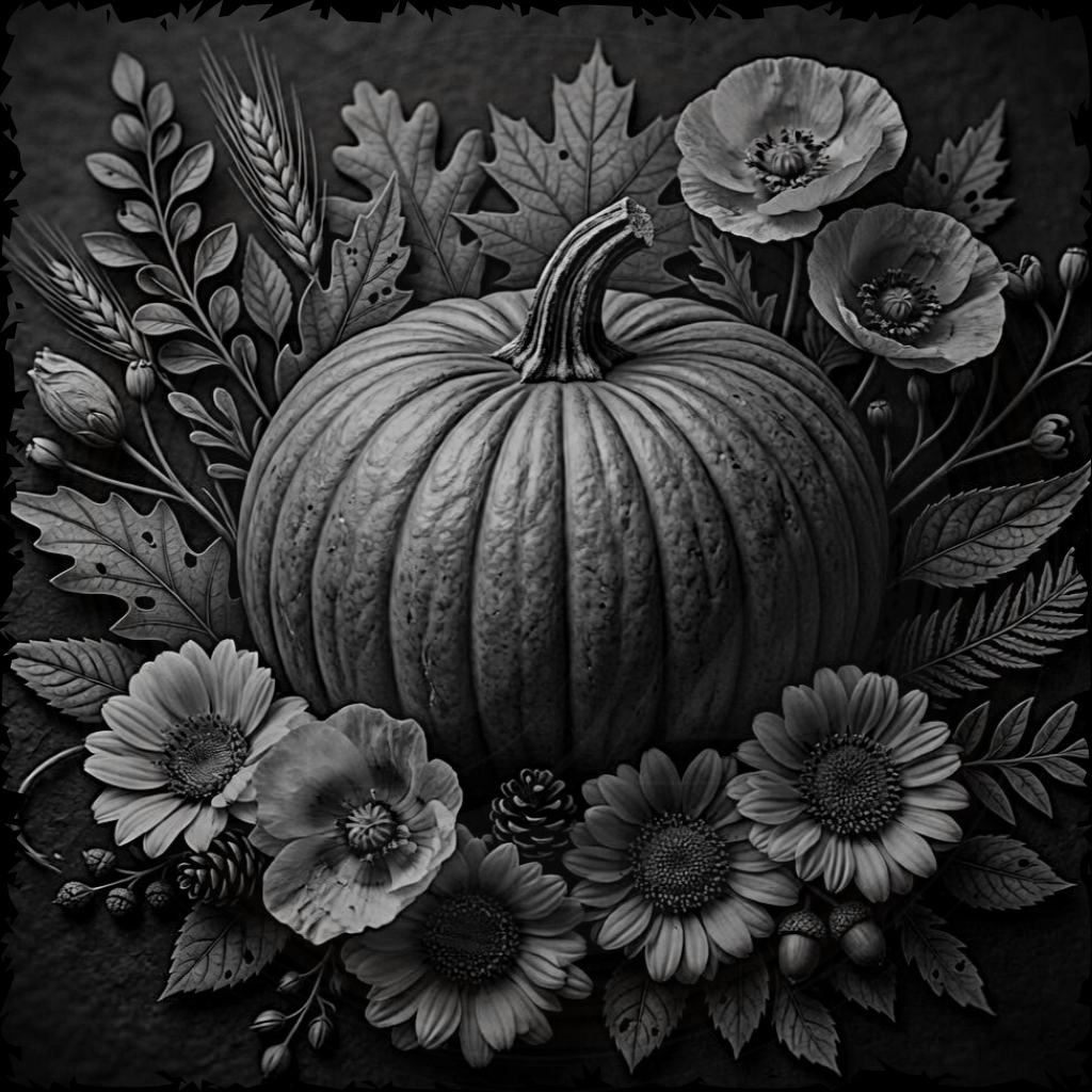 Black and white illustration of a pumpkin surrounded by flowers and leaves on a dark background