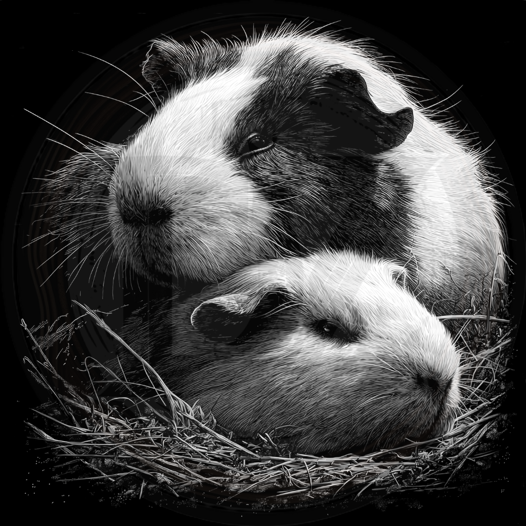 Two guinea pigs lying on a bed of hay against a black background