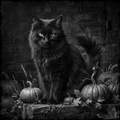 Black cat among pumpkins and leaves against a dark brick wall