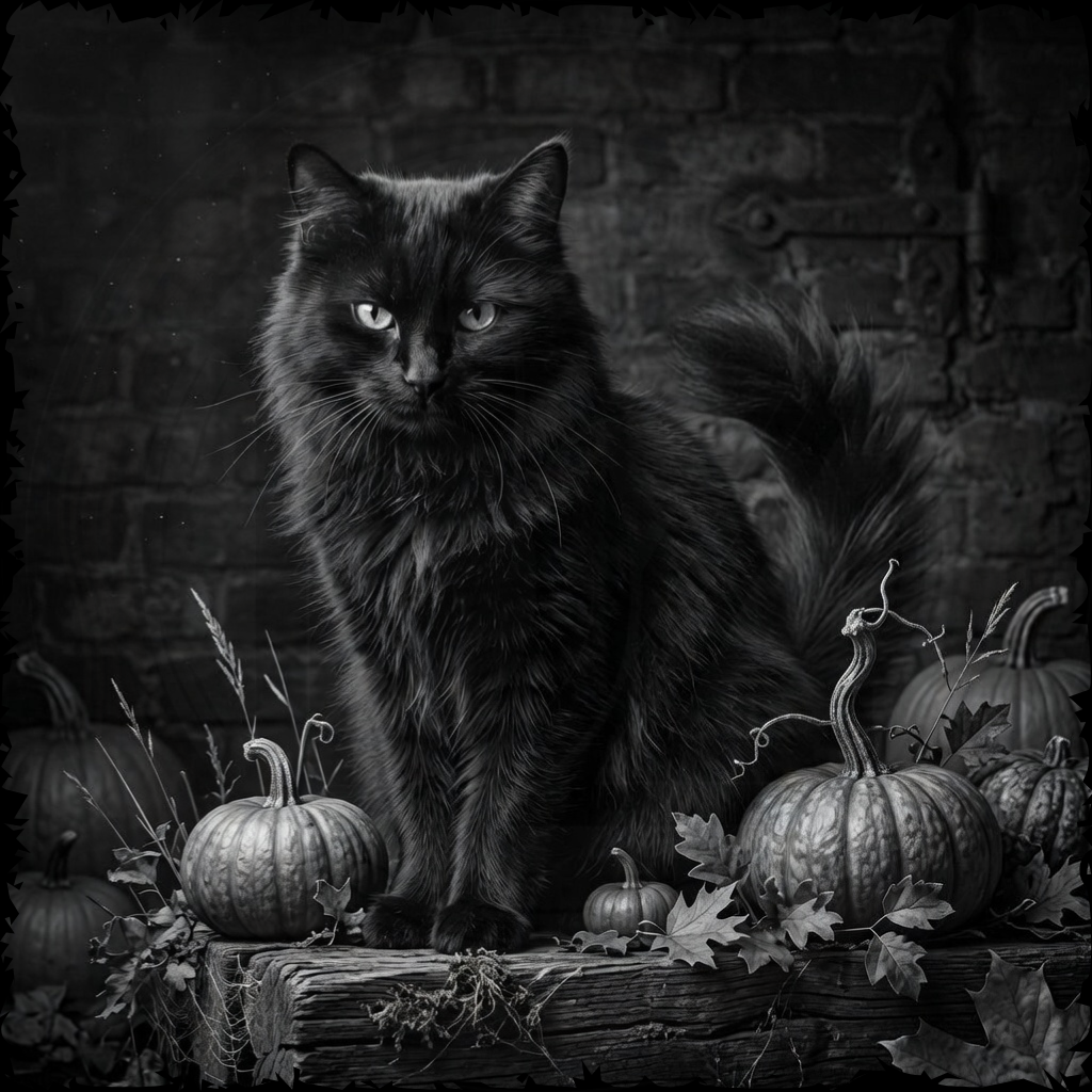 Black cat among pumpkins and leaves against a dark brick wall
