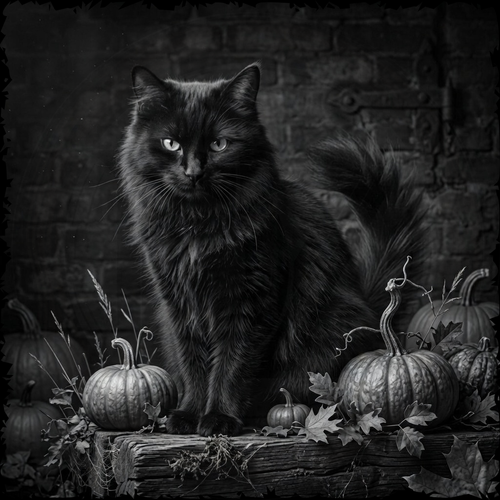 Black cat among pumpkins and leaves against a dark brick wall