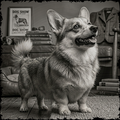 Dog standing on a rug with books and a coat in the background