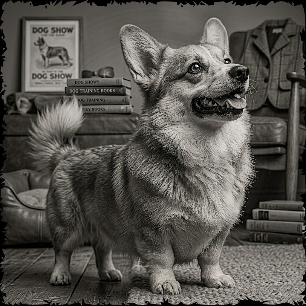 Dog standing on a rug with books and a coat in the background