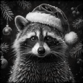 Black and white raccoon wearing a Santa hat with Christmas decorations in the background
