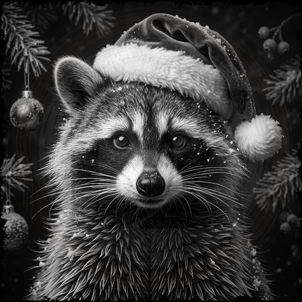 Black and white raccoon wearing a Santa hat with Christmas decorations in the background