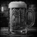 Glass mug with a castle etching on a wooden surface