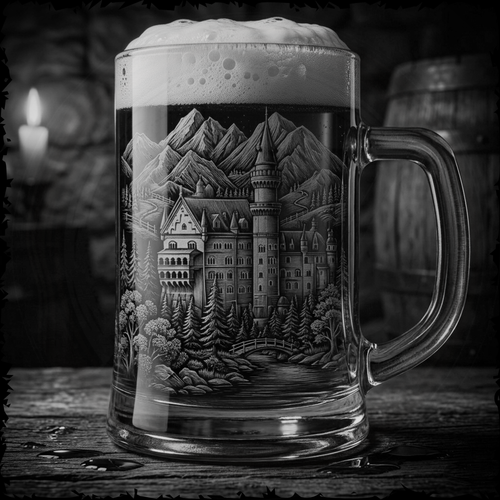 Glass mug with a castle etching on a wooden surface