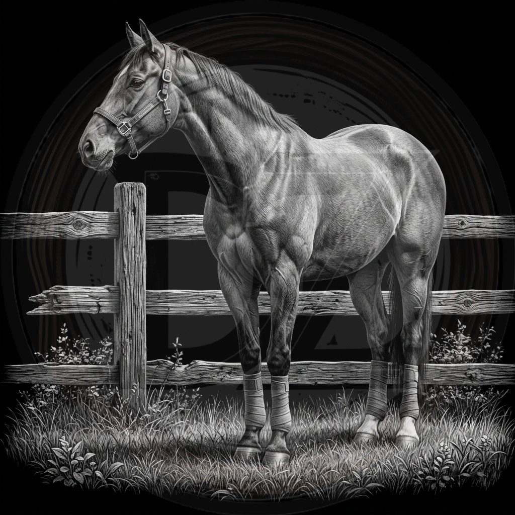 Horse standing in a field with a wooden fence