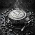 Steaming coffee cup with latte art on a dark background with coffee beans and a spoon.