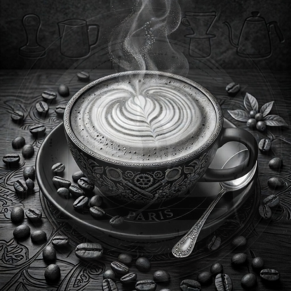 Steaming coffee cup with latte art on a dark background with coffee beans and a spoon.