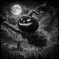 Halloween-themed artwork with a jack-o'-lantern, full moon, and graveyard.