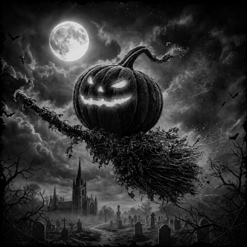 Halloween-themed artwork with a jack-o'-lantern, full moon, and graveyard.