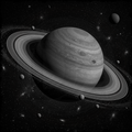 Black and white illustration of Saturn with rings and moons in space