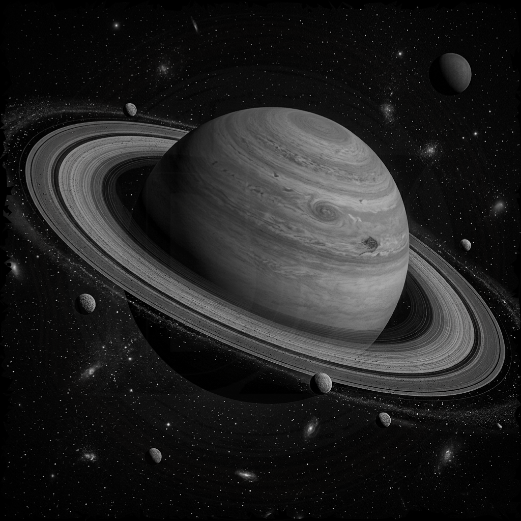Black and white illustration of Saturn with rings and moons in space