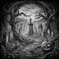 Gothic cemetery with tombstones, a pumpkin, and bats under a moonlit sky.