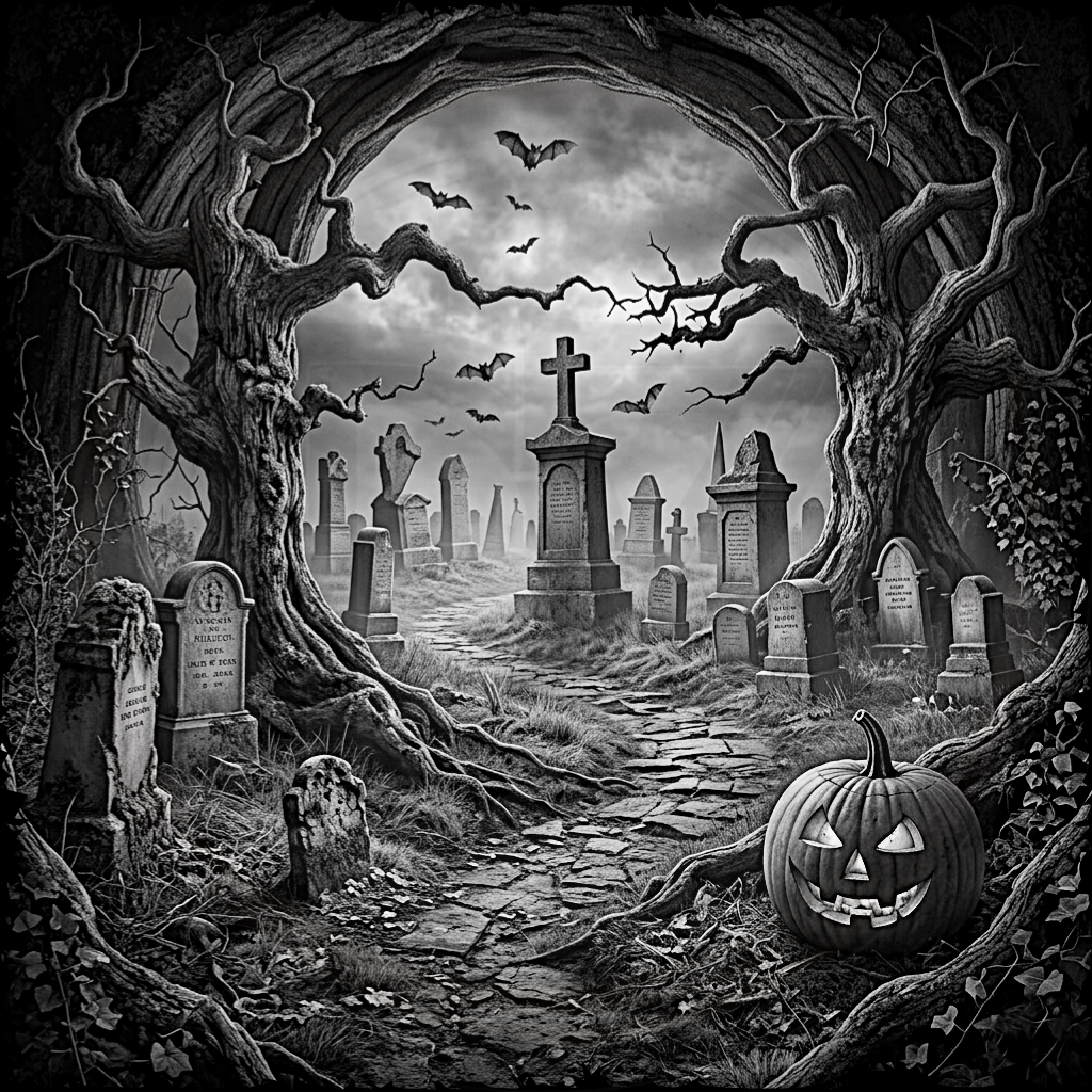 Gothic cemetery with tombstones, a pumpkin, and bats under a moonlit sky.