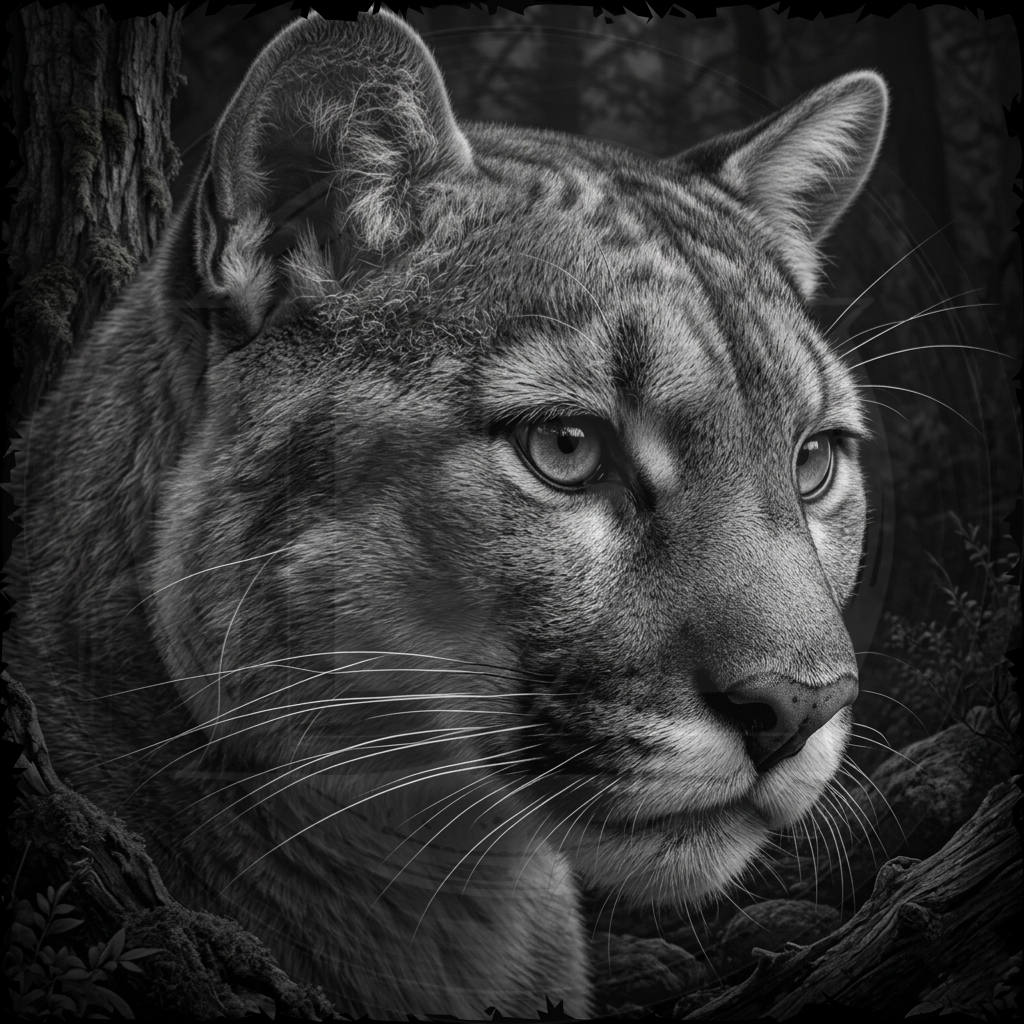 Black and white portrait of a mountain lion in a natural setting