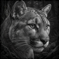 Black and white portrait of a mountain lion in a natural setting