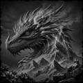 Black and white illustration of a dragon with mountains in the background