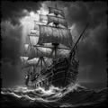 Vintage ship at sea with stormy weather