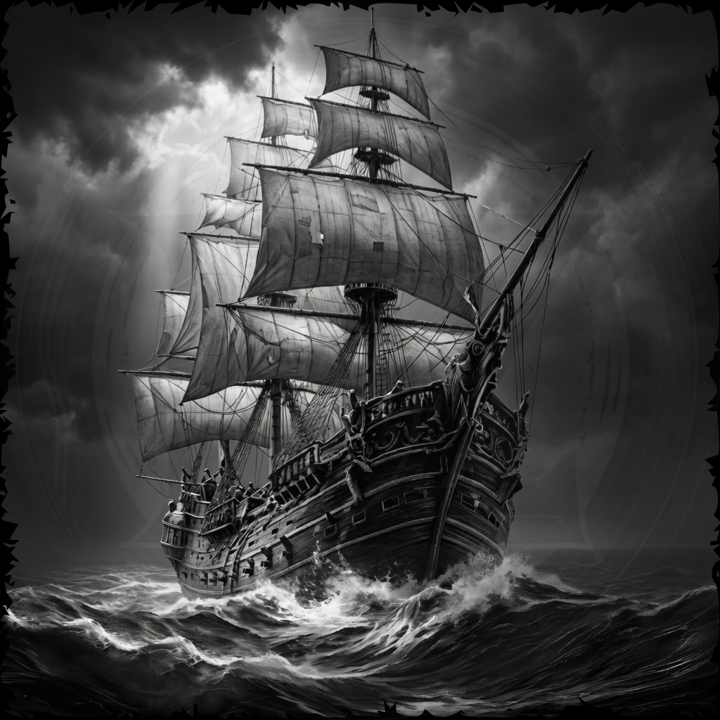 Vintage ship at sea with stormy weather