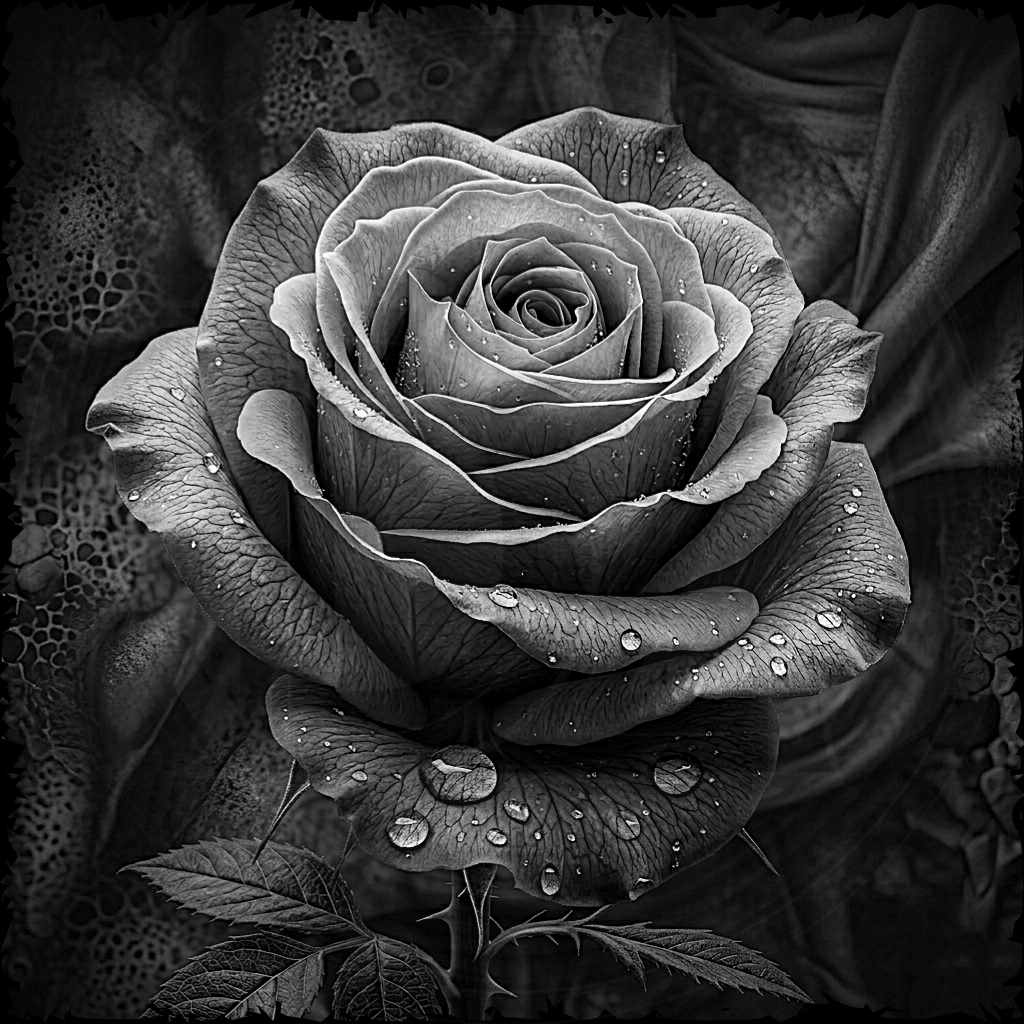 Black and white rose with water droplets on a textured background