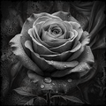 Black and white rose with water droplets on a textured background