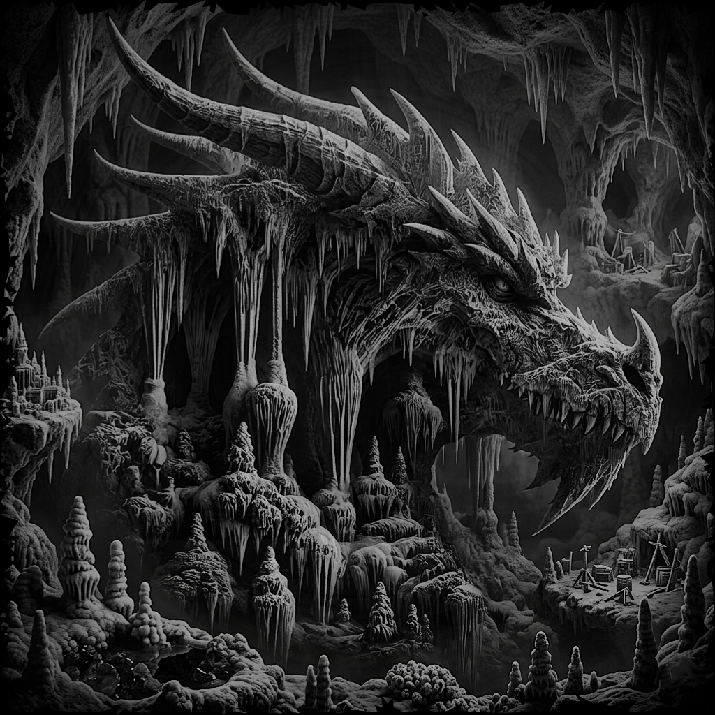 Black and white illustration of a dragon in a cavernous landscape with stalactites.