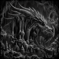 Black and white illustration of a dragon in a cavernous landscape with stalactites.