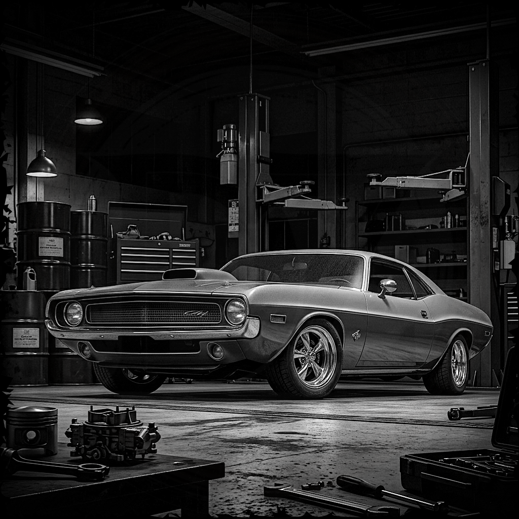 Vintage muscle car in a garage with tools and equipment around