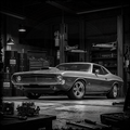 Vintage muscle car in a garage with tools and equipment around