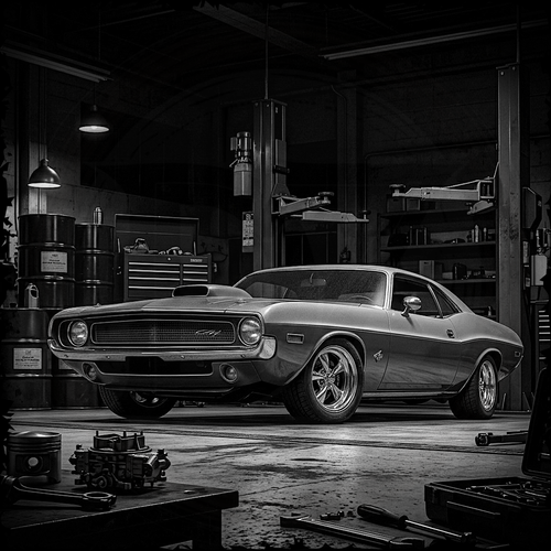 Vintage muscle car in a garage with tools and equipment around