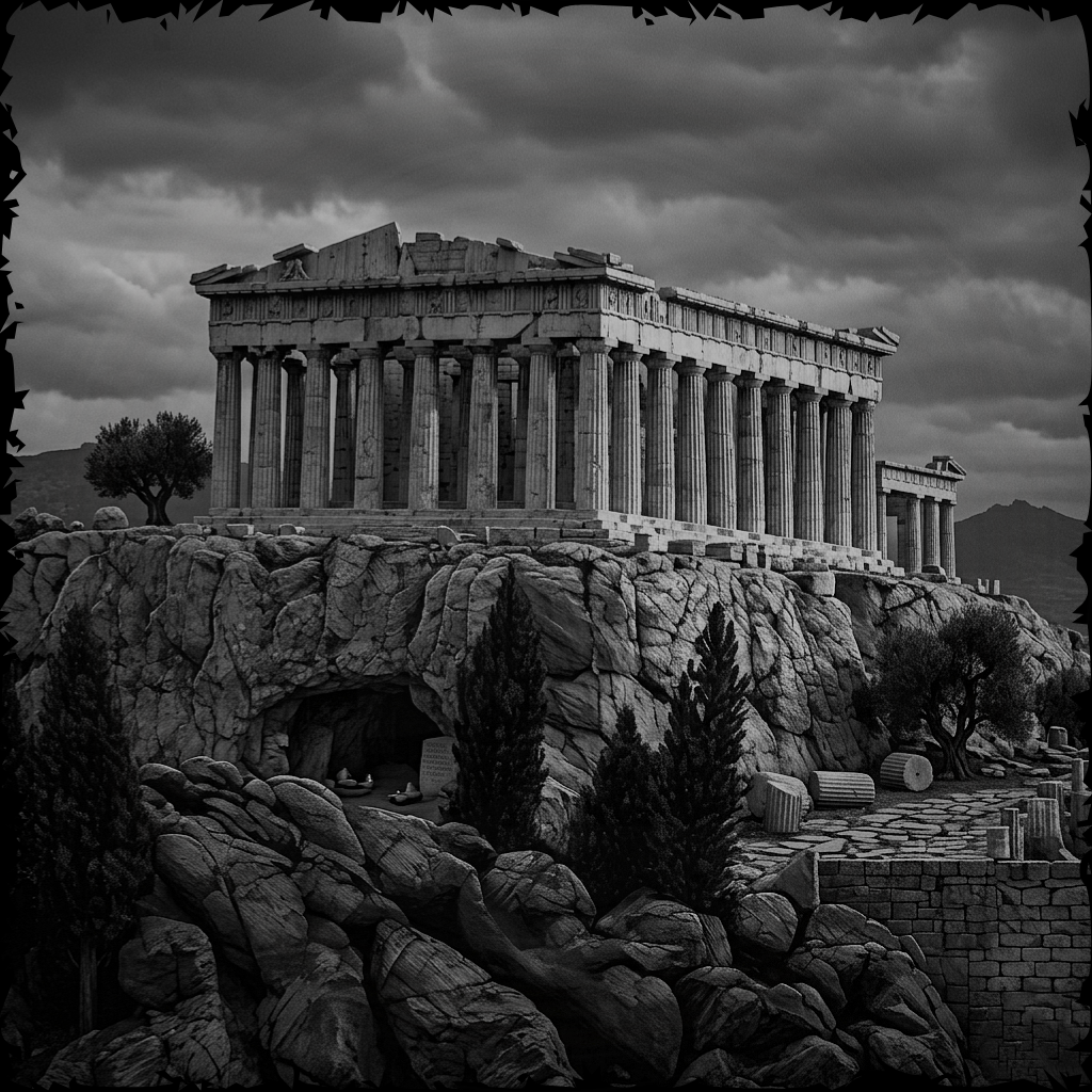 Black and white image of a classical temple on a rocky outcrop with a dramatic sky.