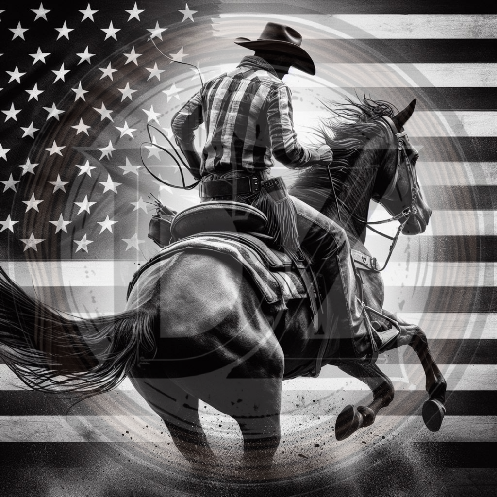 Cowboy riding a horse with an American flag in the background