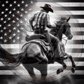 Cowboy riding a horse with an American flag in the background