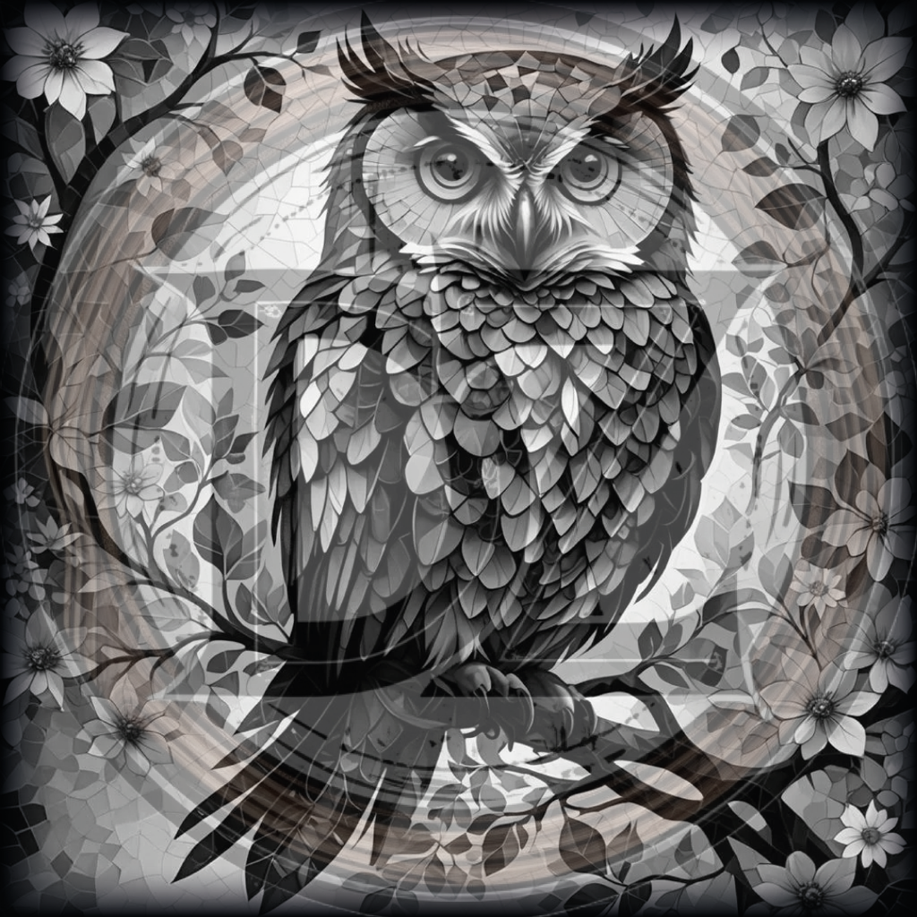 Black and white owl illustration with floral and geometric patterns