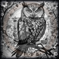 Black and white owl illustration with floral and geometric patterns