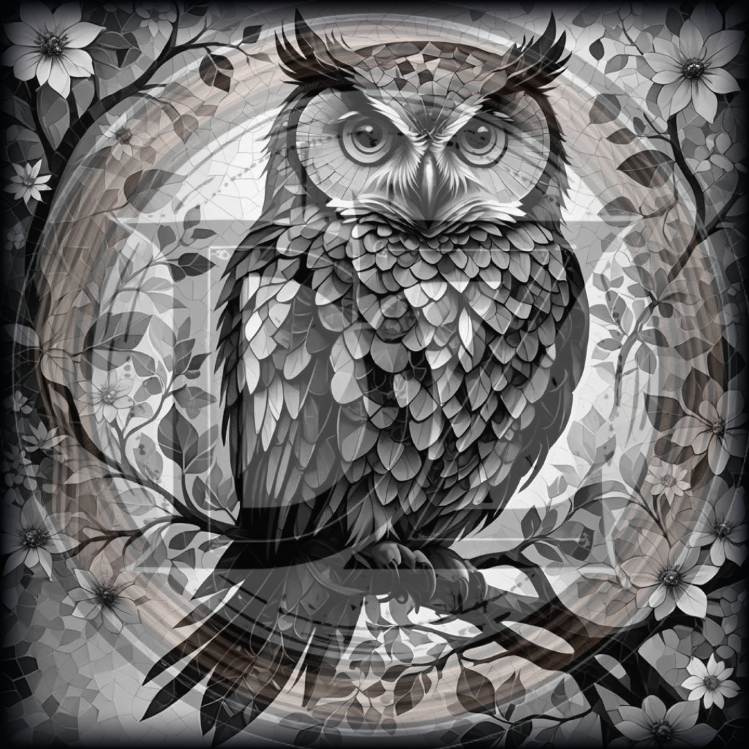 Black and white owl illustration with floral and geometric patterns