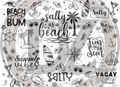 Design with beach-themed illustrations and text