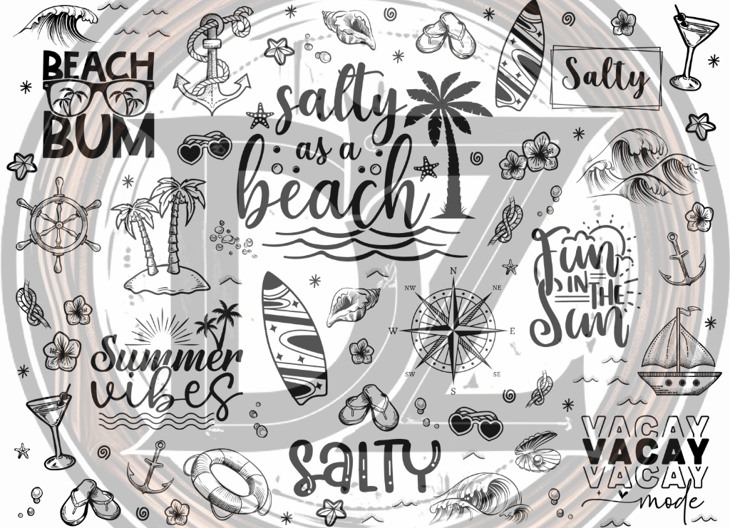 Design with beach-themed illustrations and text