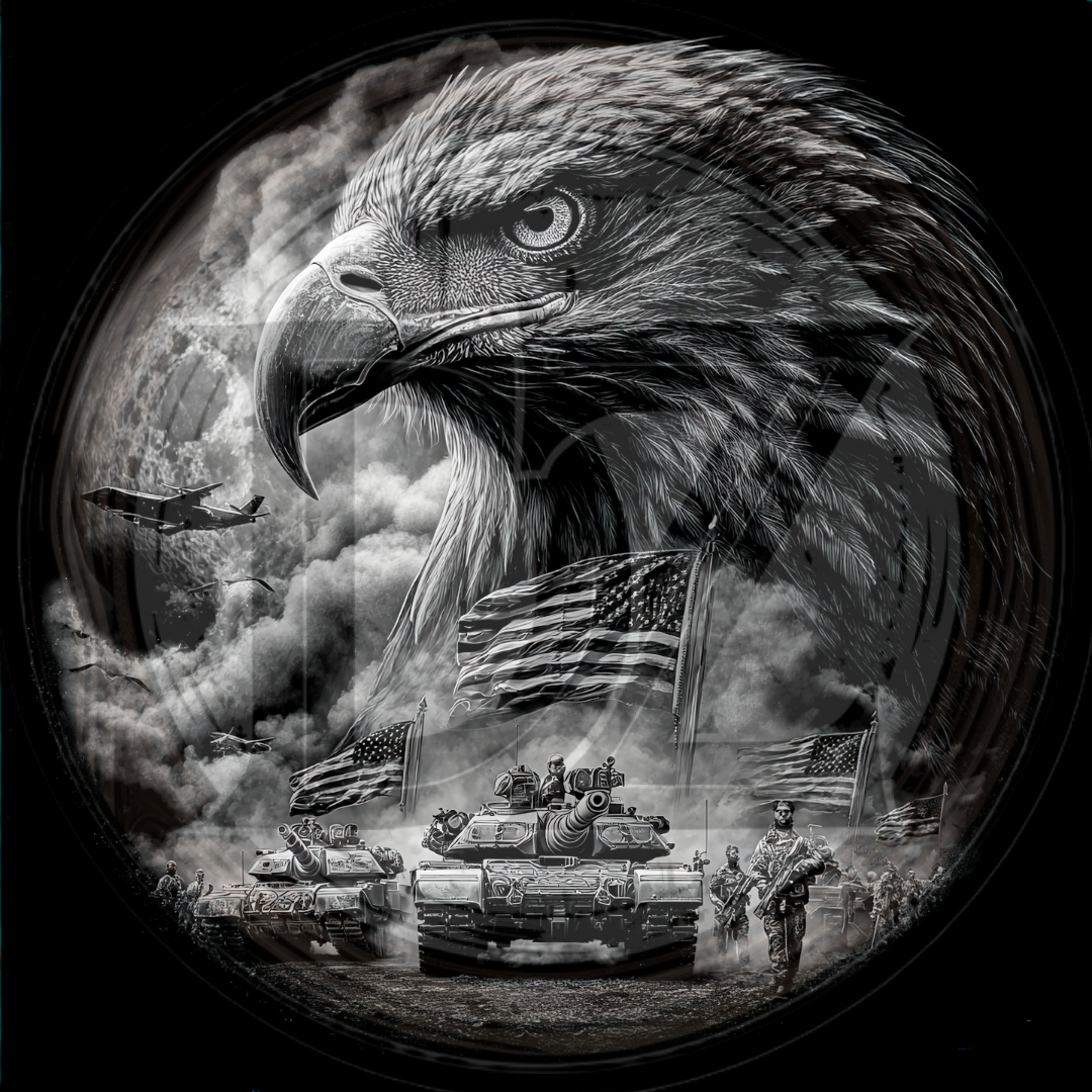 Eagle with American flag and military scene in the background