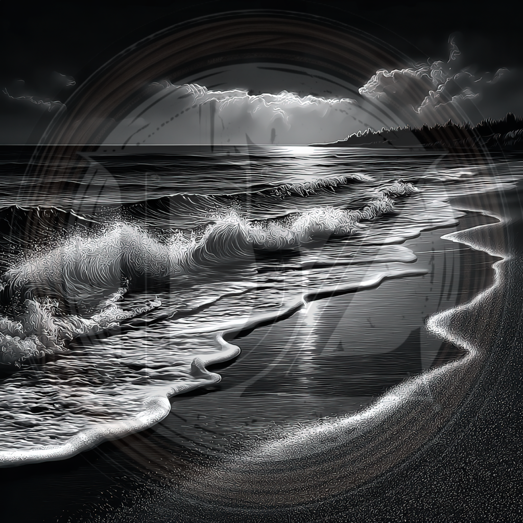 Black and white artwork of a beach with waves and a rainbow in the background