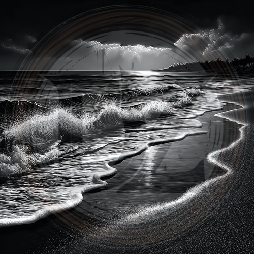 Black and white artwork of a beach with waves and a rainbow in the background