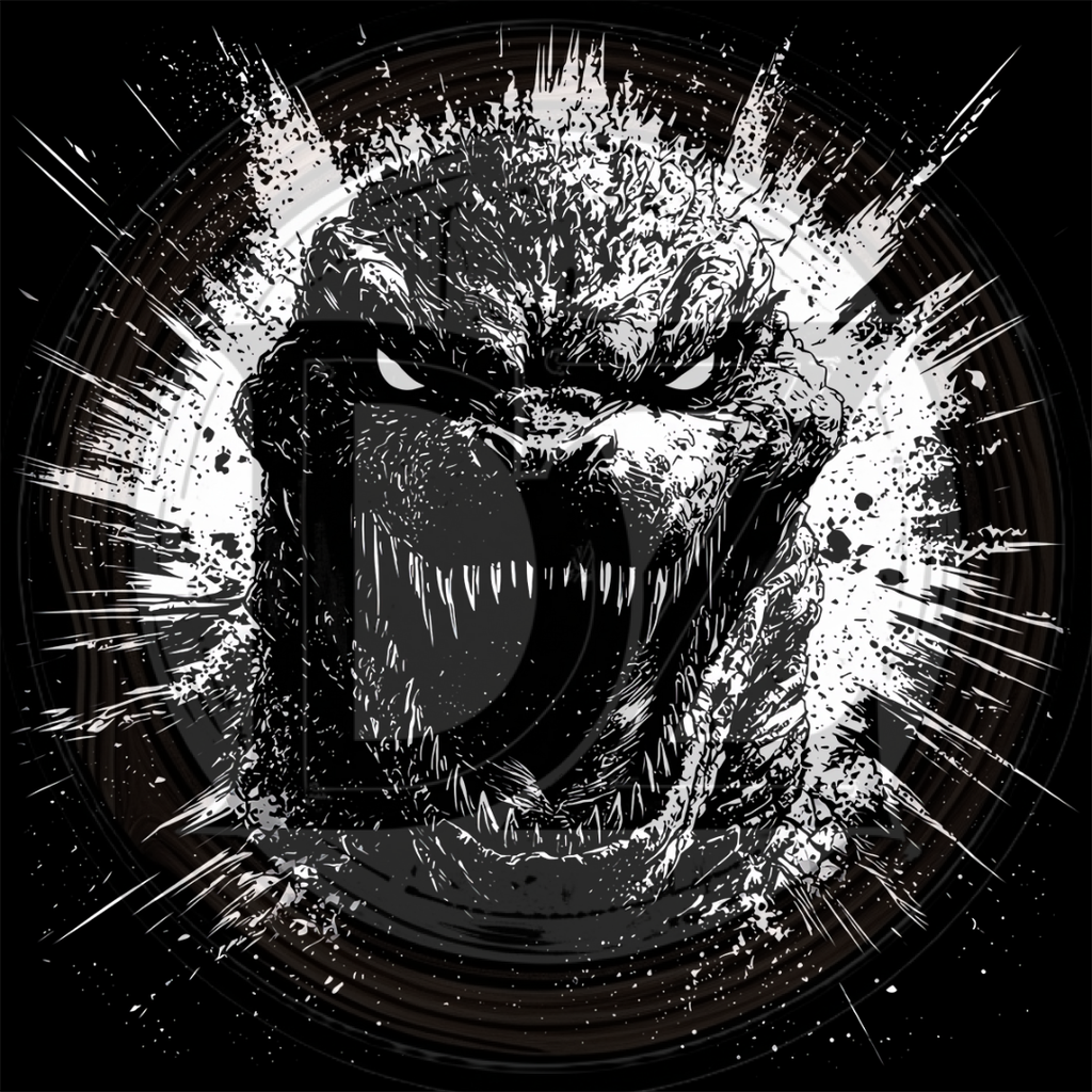 Black and white illustration of a fierce creature's face with dynamic lines around it.