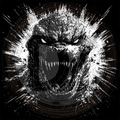 Black and white illustration of a fierce creature's face with dynamic lines around it.