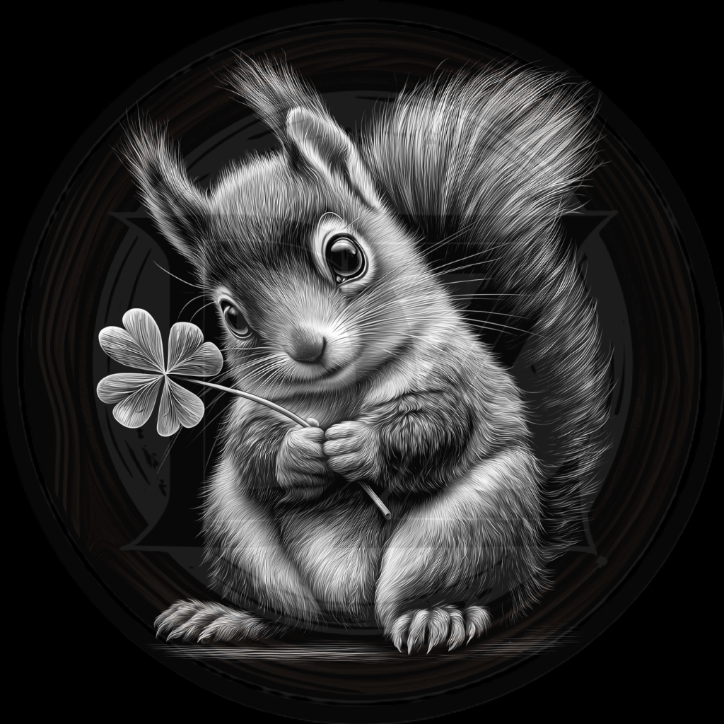 Black and white illustration of a squirrel holding a four-leaf clover.